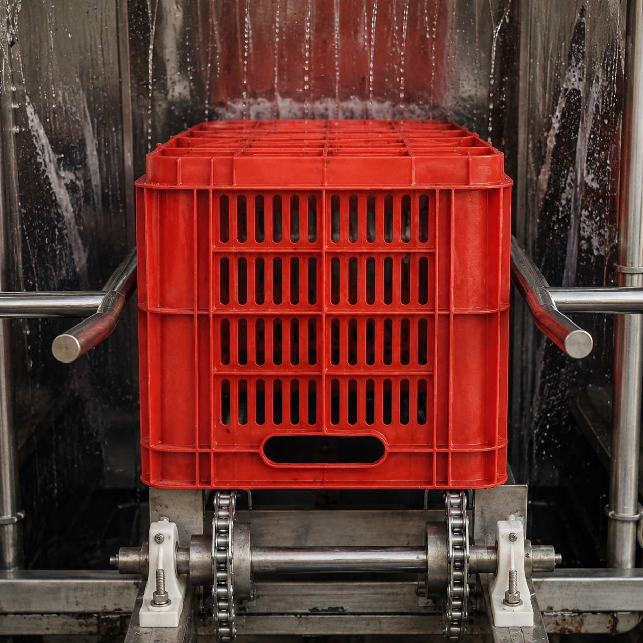 Caja de plástico siendo lavada con aspersores de agua dentro de una lavadora industrial de acero inoxidable.
